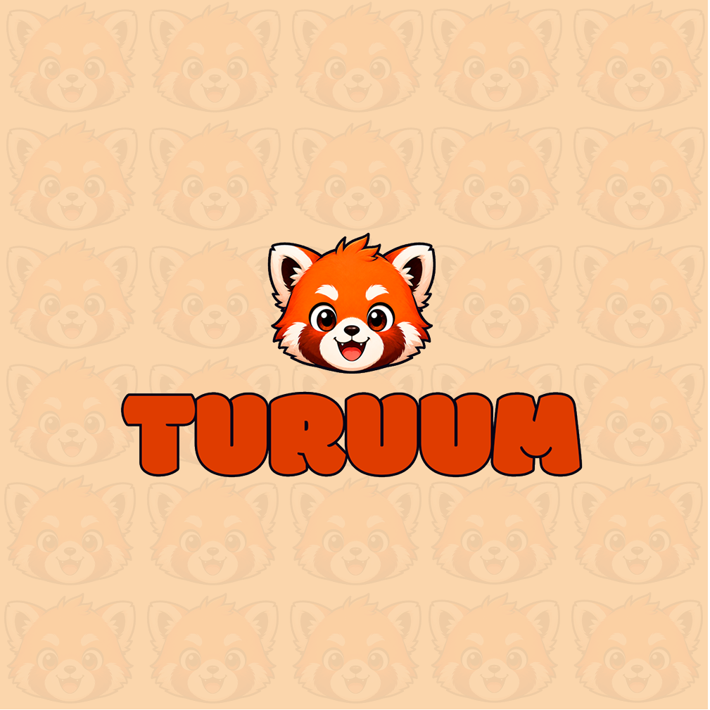 Turuum wordmark in orange, topped by a smiling red-panda mascot on a peach background patterned with panda faces
