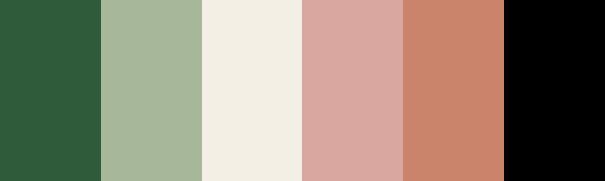 Six colour swatches from left to right: deep green, sage, cream, dusty pink, terracotta and black