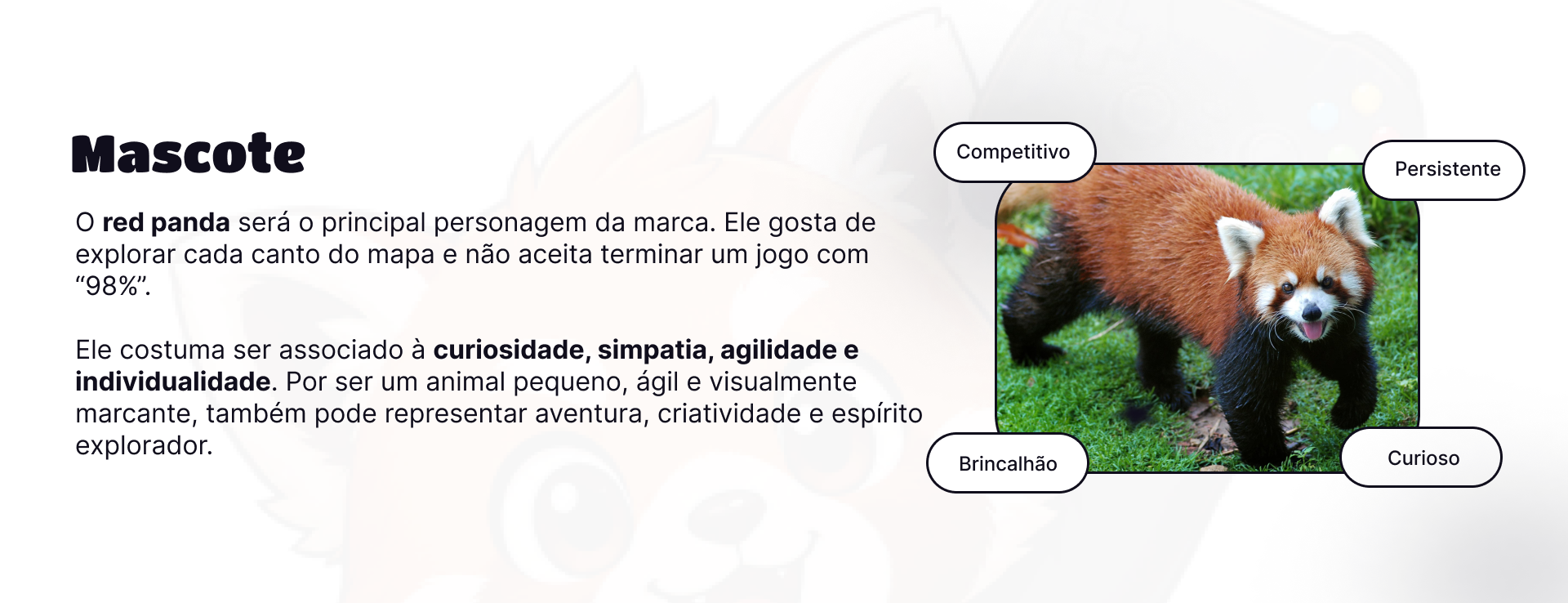 Portuguese mascot study showing a red-panda photograph with the traits competitive, persistent, playful and curious