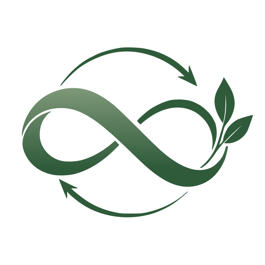 Green infinity loop surrounded by two circular arrows, with leaves growing from its right side